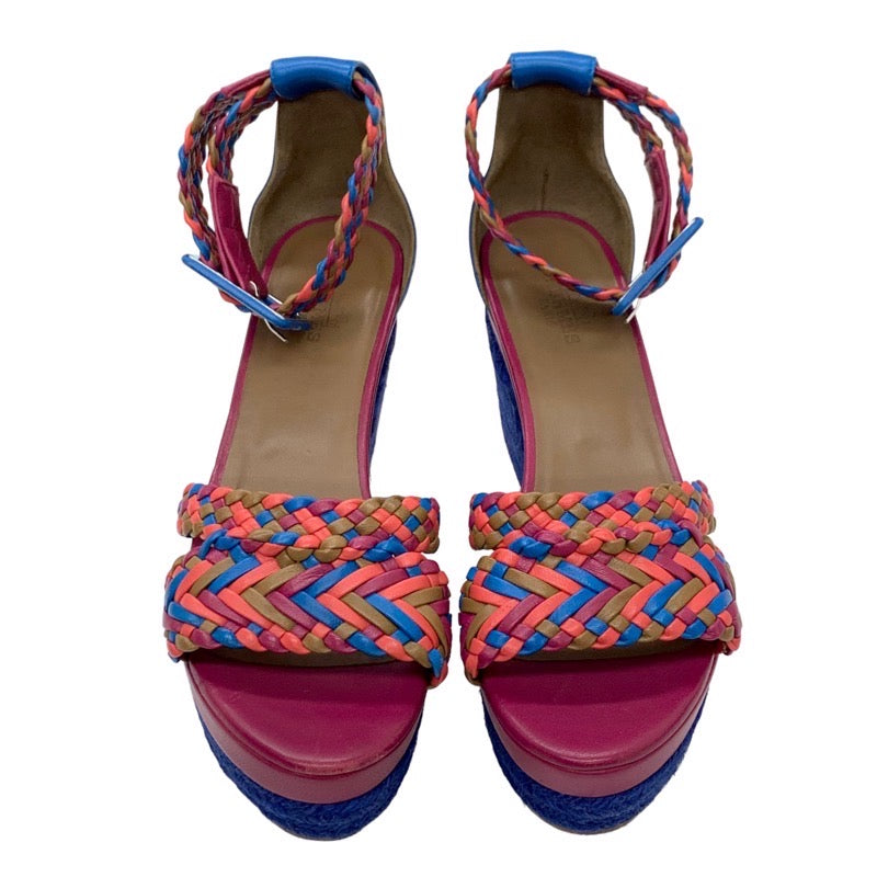 Hermes Ines Sandals Shoes Leather Blue Pink Multicolor Wedge Sole Braided Espadrilles