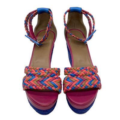 Hermes Ines Sandals Shoes Leather Blue Pink Multicolor Wedge Sole Braided Espadrilles