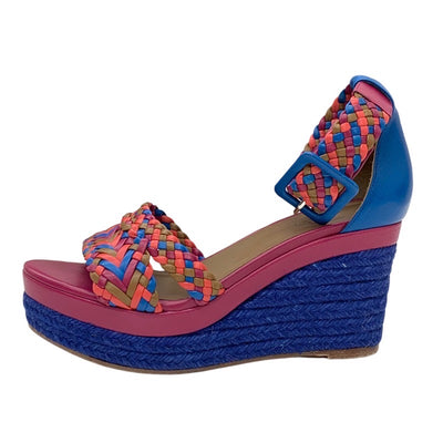 Hermes Ines Sandals Shoes Leather Blue Pink Multicolor Wedge Sole Braided Espadrilles