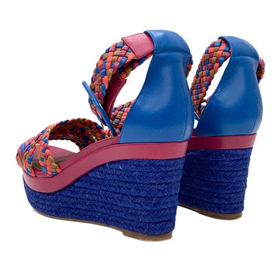 Hermes Ines Sandals Shoes Leather Blue Pink Multicolor Wedge Sole Braided Espadrilles