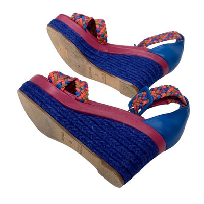 Hermes Ines Sandals Shoes Leather Blue Pink Multicolor Wedge Sole Braided Espadrilles