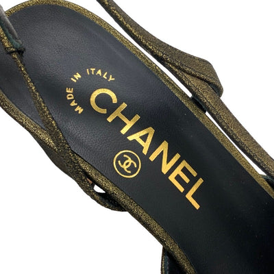 シャネル CHANEL パンプス 靴 シューズ ファブリック ゴールド ブラック ココマーク スリングバック