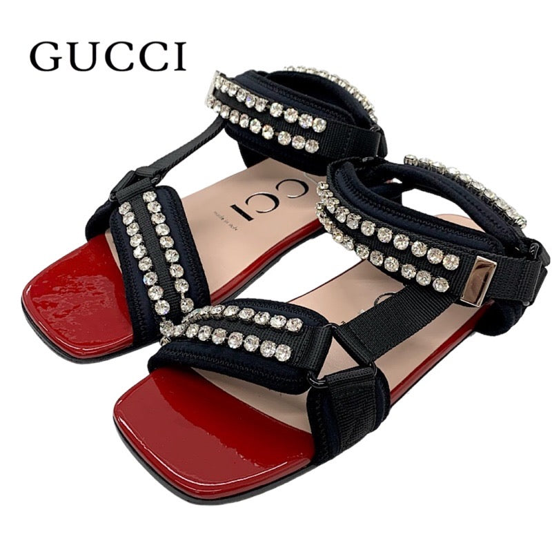 グッチ GUCCI サンダル 靴 シューズ ファブリック ブラック レッド フラットサンダル ビジュー