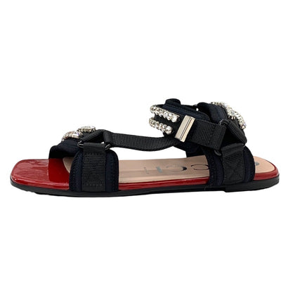 グッチ GUCCI サンダル 靴 シューズ ファブリック ブラック レッド フラットサンダル ビジュー