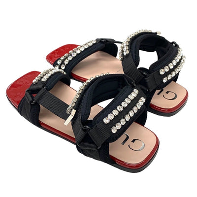 グッチ GUCCI サンダル 靴 シューズ ファブリック ブラック レッド フラットサンダル ビジュー