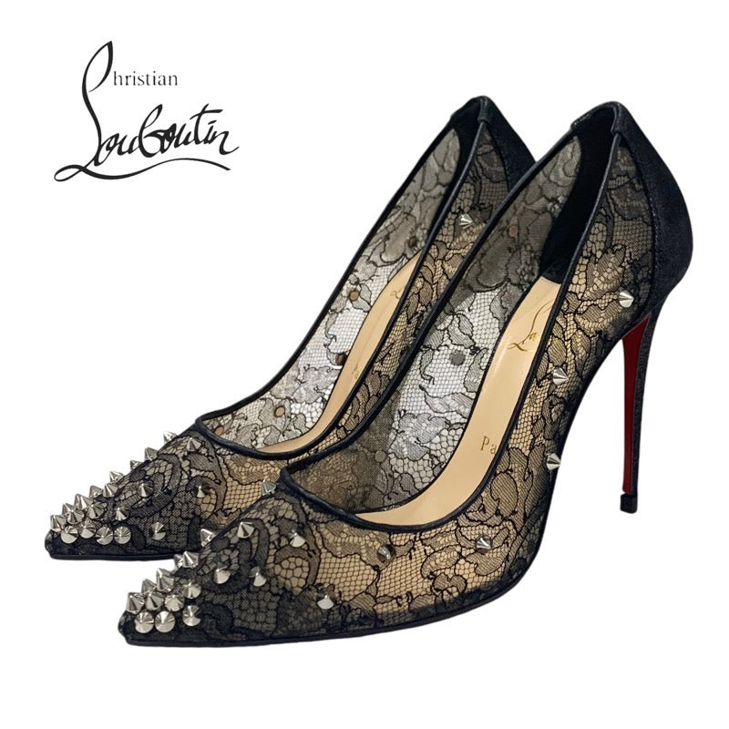 クリスチャンルブタン Christian Louboutin パンプス 靴 シューズ レース ファブリック ブラック 黒 スパイク スタッズ