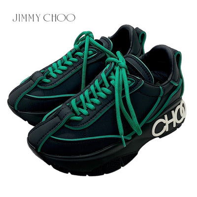 未使用 ジミーチュウ JIMMY CHOO Raine スニーカー 靴 シューズ ロゴ ファブリック ブラック グリーン