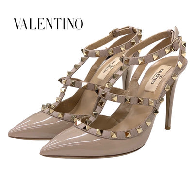 Valentino Pumps, Shoes, Patent Leather, Pink Beige, Gold, Rock Studs, Strap, Sandals