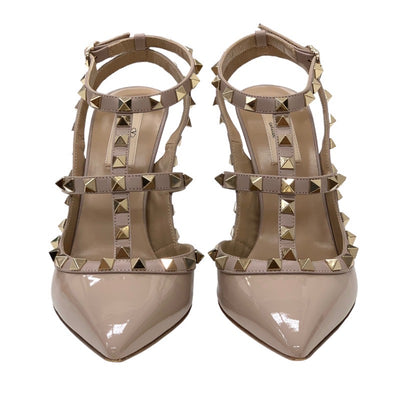 Valentino Pumps, Shoes, Patent Leather, Pink Beige, Gold, Rock Studs, Strap, Sandals