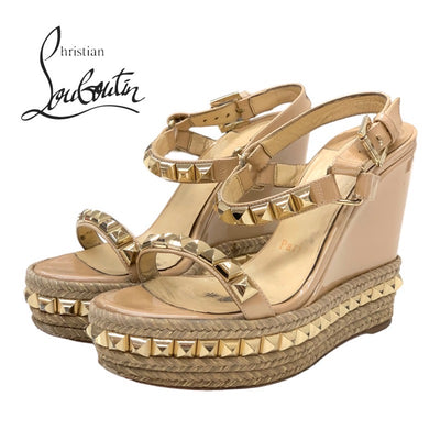 Christian Louboutin Catacro Sandals Shoes Patent Beige Gold Studded Wedge Sole