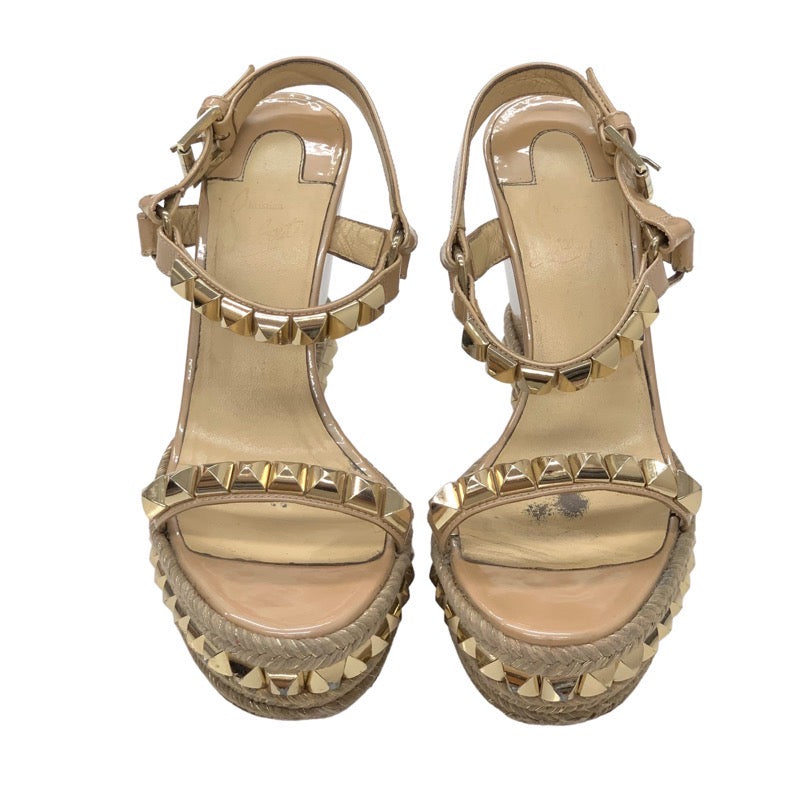 Christian Louboutin Catacro Sandals Shoes Patent Beige Gold Studded Wedge Sole