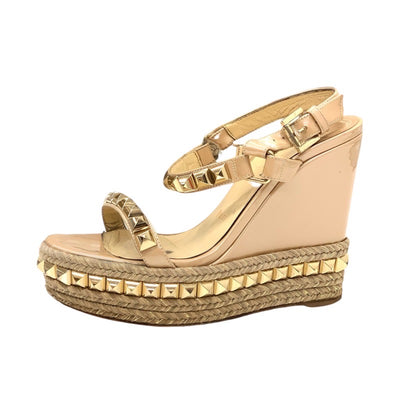 Christian Louboutin Catacro Sandals Shoes Patent Beige Gold Studded Wedge Sole