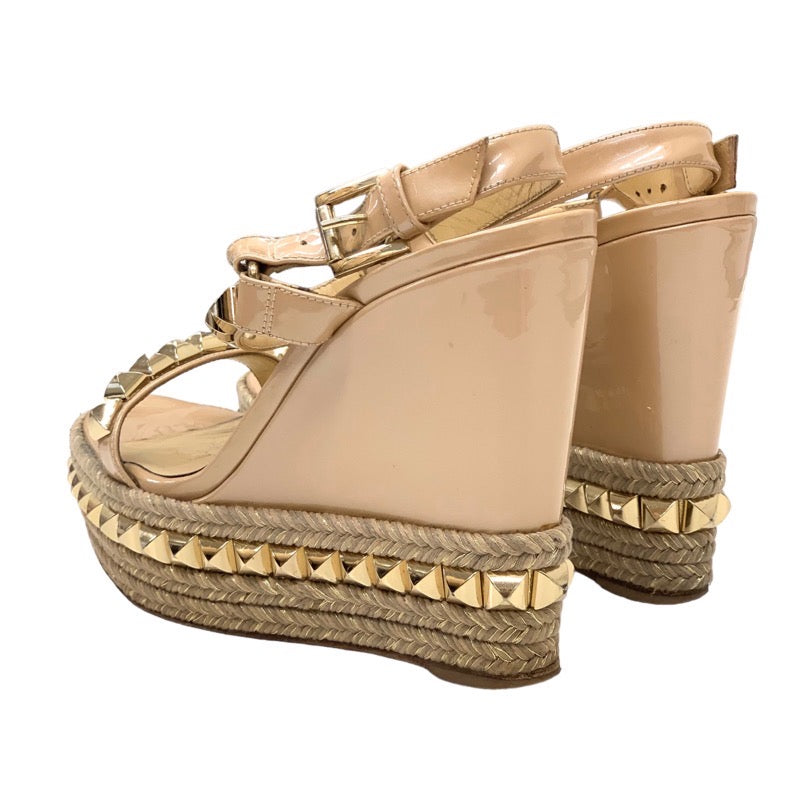 Christian Louboutin Catacro Sandals Shoes Patent Beige Gold Studded Wedge Sole