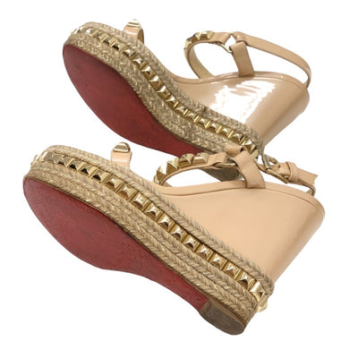 Christian Louboutin Catacro Sandals Shoes Patent Beige Gold Studded Wedge Sole