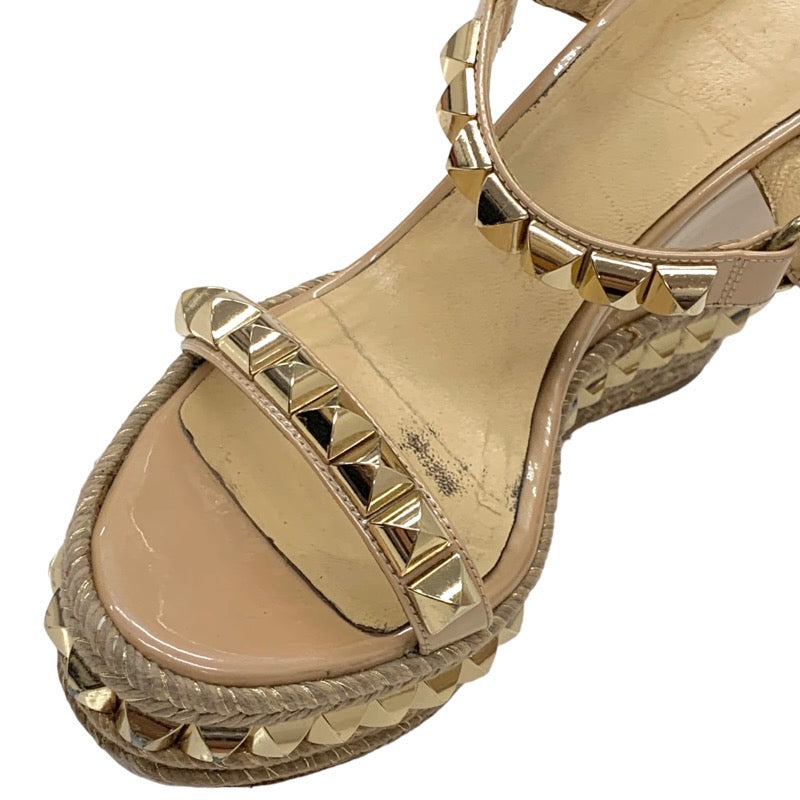 Christian Louboutin Catacro Sandals Shoes Patent Beige Gold Studded Wedge Sole