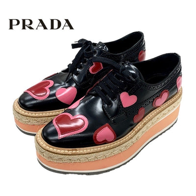 PRADA Flat Shoes Shoes Black Red Pink Lace-Up Shoes Heart Platform