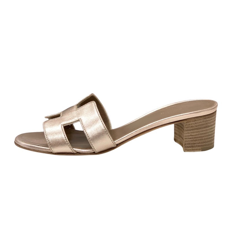 Hermes Oazis Sandals Shoes Leather Pink Gold Mules