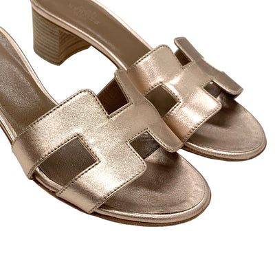 Hermes Oazis Sandals Shoes Leather Pink Gold Mules