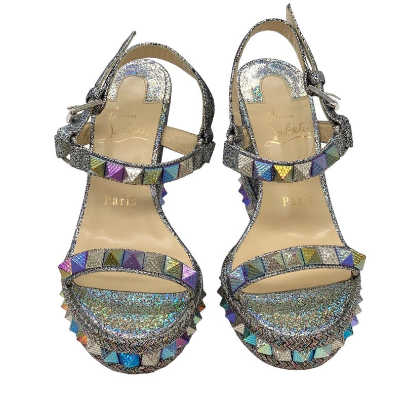 Christian Louboutin Pilakrow Sandals Shoes Suede Glittering Silver Aurora Color Studded Wedge Sole