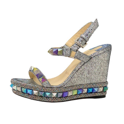 Christian Louboutin Pilakrow Sandals Shoes Suede Glittering Silver Aurora Color Studded Wedge Sole