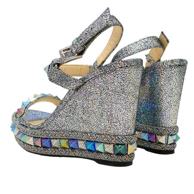 Christian Louboutin Pilakrow Sandals Shoes Suede Glittering Silver Aurora Color Studded Wedge Sole