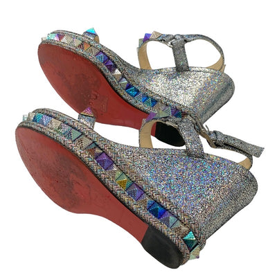 Christian Louboutin Pilakrow Sandals Shoes Suede Glittering Silver Aurora Color Studded Wedge Sole