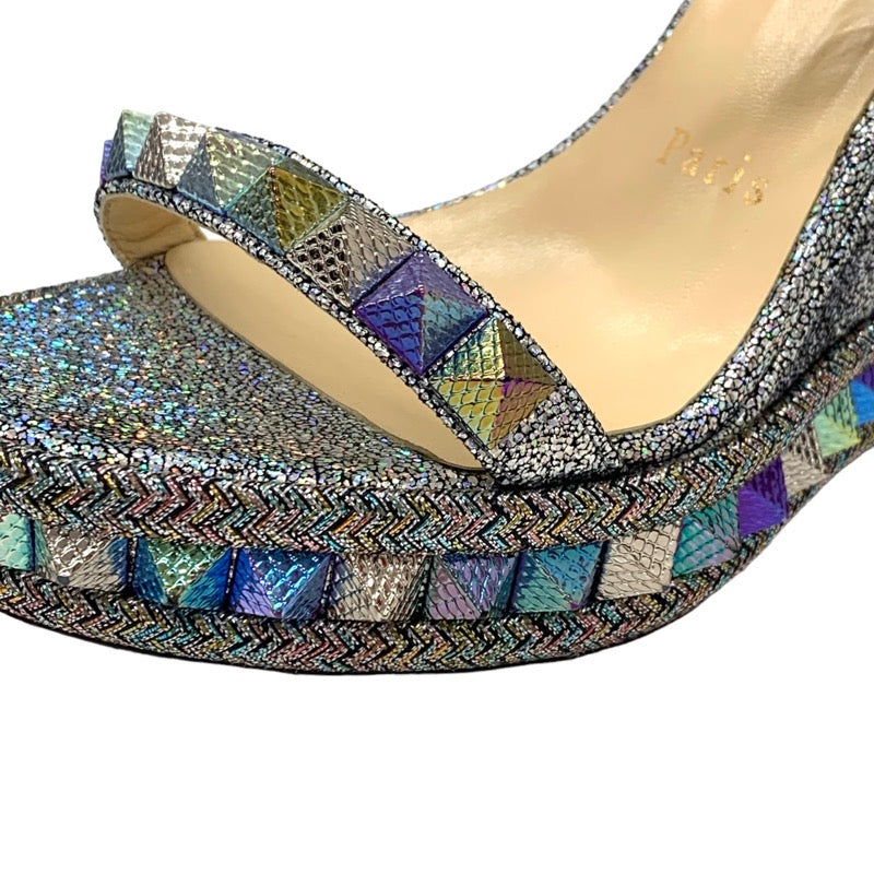 Christian Louboutin Pilakrow Sandals Shoes Suede Glittering Silver Aurora Color Studded Wedge Sole