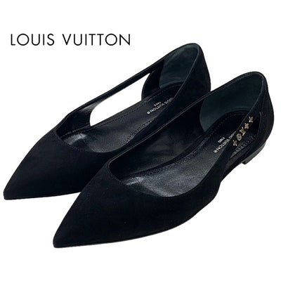 Louis Vuitton Signature Line Pumps Shoes Suede Black Gold Logo Flat Shoes Flat Pumps