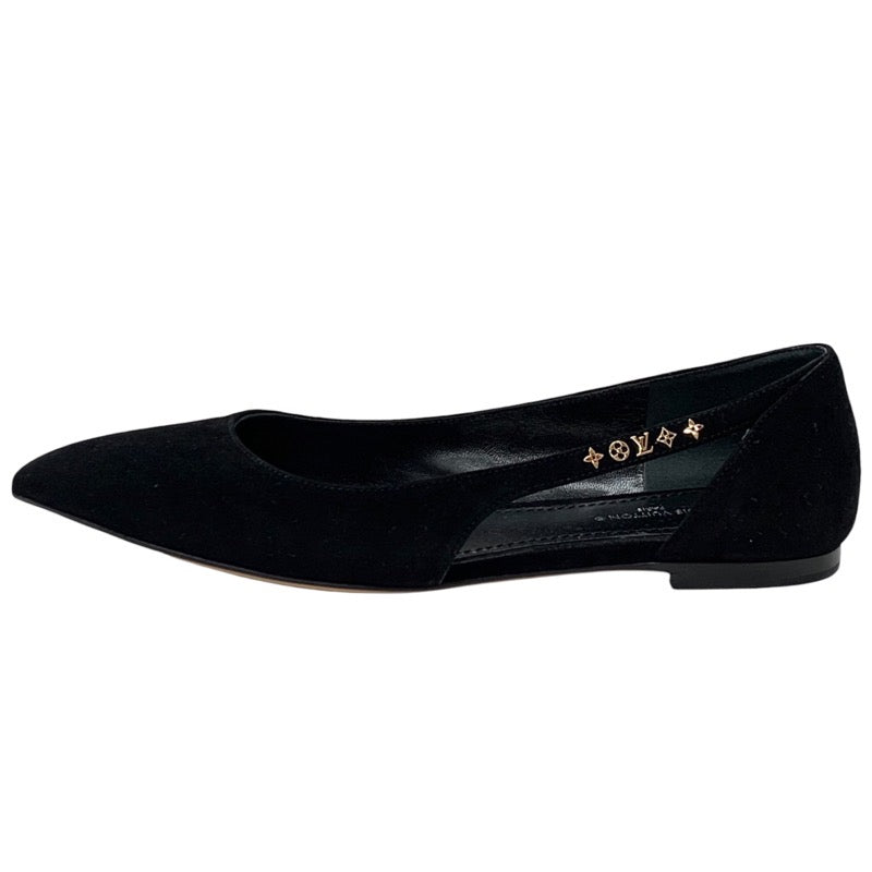 Louis Vuitton Signature Line Pumps Shoes Suede Black Gold Logo Flat Shoes Flat Pumps