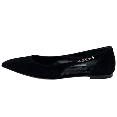 Louis Vuitton Signature Line Pumps Shoes Suede Black Gold Logo Flat Shoes Flat Pumps