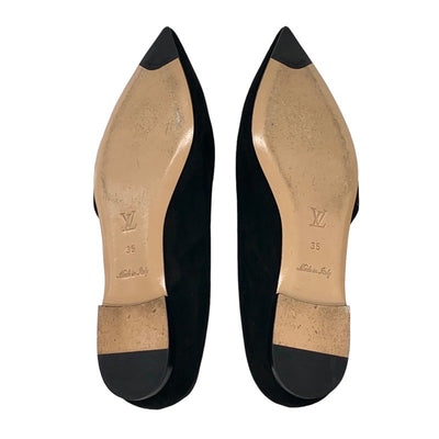 Louis Vuitton Signature Line Pumps Shoes Suede Black Gold Logo Flat Shoes Flat Pumps