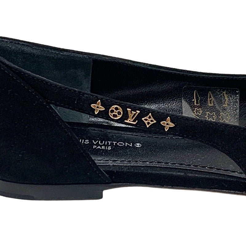 Louis Vuitton Signature Line Pumps Shoes Suede Black Gold Logo Flat Shoes Flat Pumps