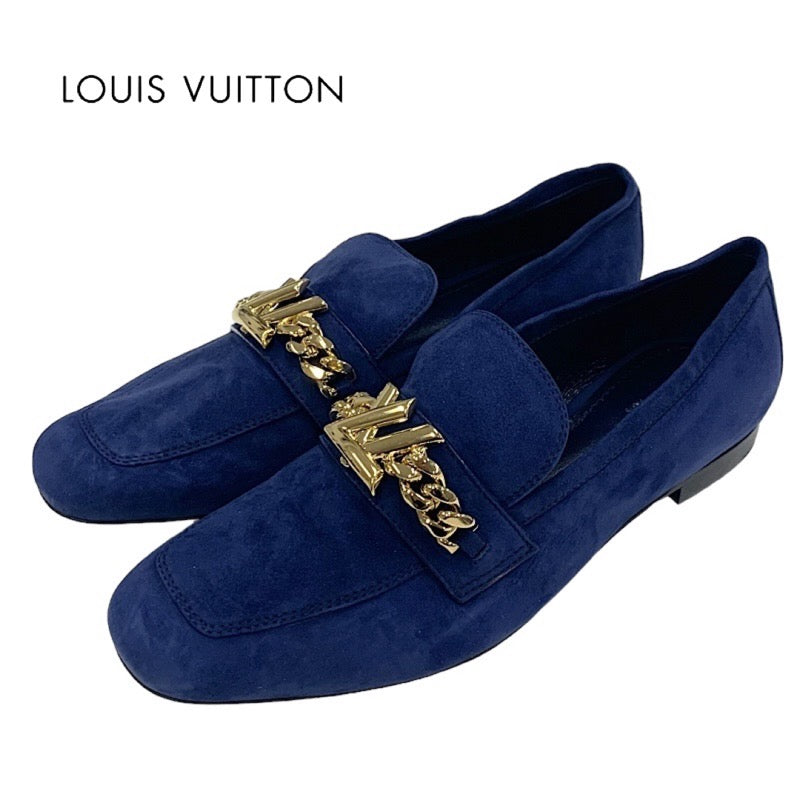 ルイヴィトン LOUIS VUITTON アッパーケースライン ローファー 革靴 靴 シューズ スエード ネイビー ゴールド 未使用 チェーンビット LV金具 フラットシューズ