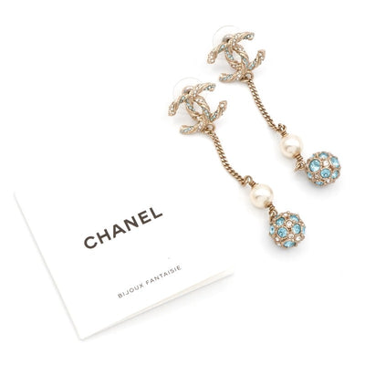 シャネル CHANEL ピアス イヤリング ゴールド ブルー ココマーク ラインストーン パール ぶら下がり チェーン ボール