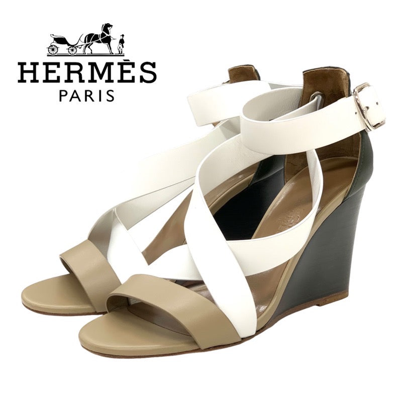 Hermes HERMES Sandals Shoes Leather White Beige Khaki Wooden Wedge Sole