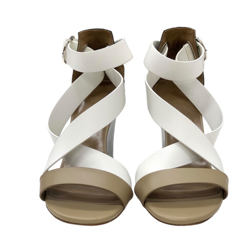 Hermes HERMES Sandals Shoes Leather White Beige Khaki Wooden Wedge Sole