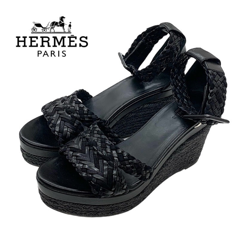 Hermes Ines Sandals Shoes Leather Black Braided Wedge Sole Ankle Strap