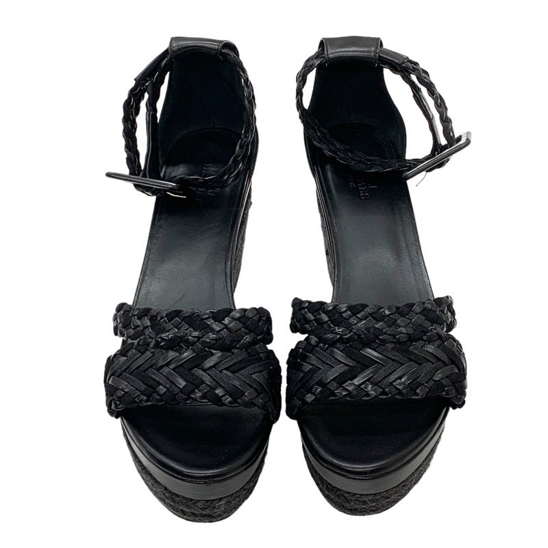 Hermes Ines Sandals Shoes Leather Black Braided Wedge Sole Ankle Strap