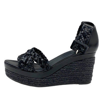 Hermes Ines Sandals Shoes Leather Black Braided Wedge Sole Ankle Strap