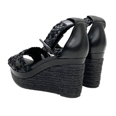 Hermes Ines Sandals Shoes Leather Black Braided Wedge Sole Ankle Strap