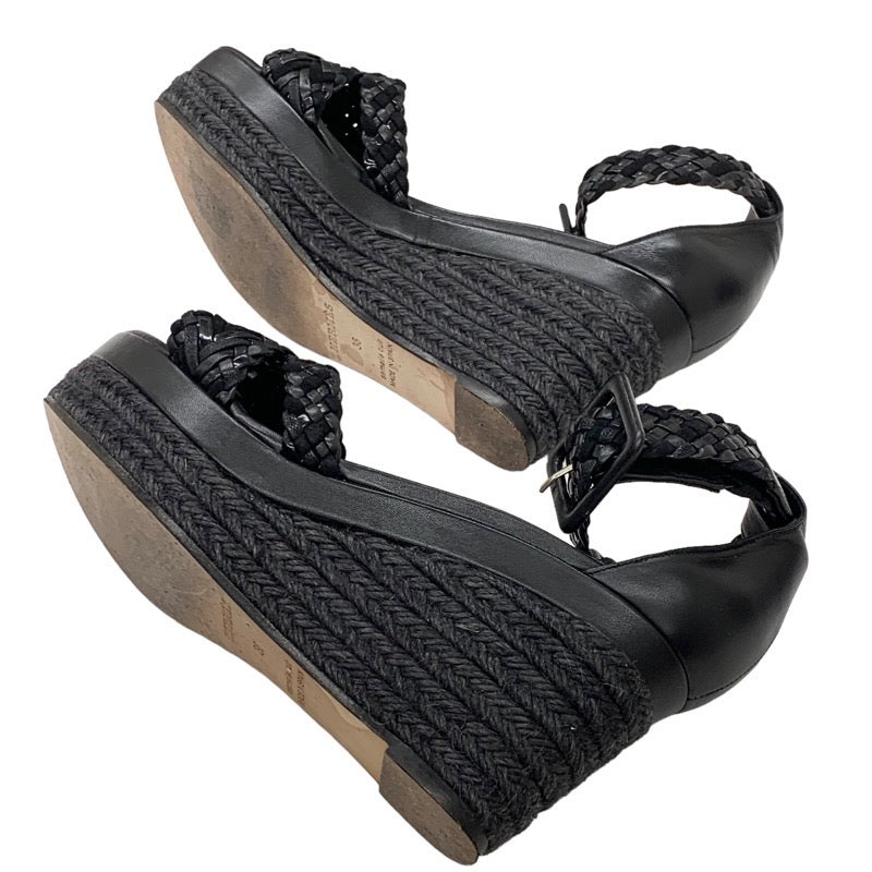 Hermes Ines Sandals Shoes Leather Black Braided Wedge Sole Ankle Strap