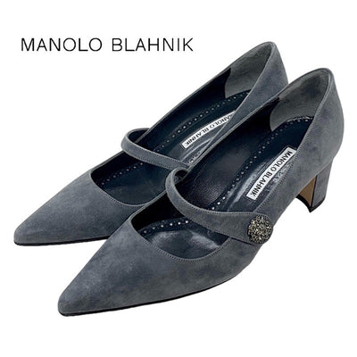 マノロブラニク MANOLO BLAHNIK パンプス 靴 シューズ スエード グレー ビジュー ストラップ パーティーシューズ