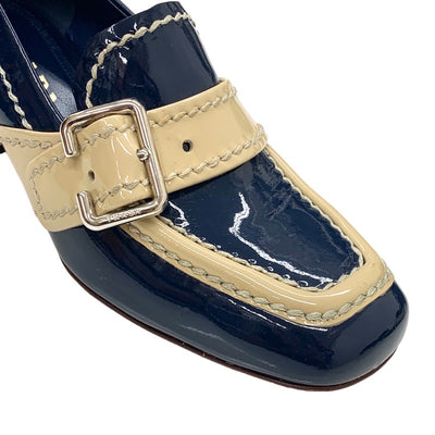 プラダ PRADA ローファー 革靴 靴 シューズ パテント ネイビー ベージュ パンプス ベルト ステッチ