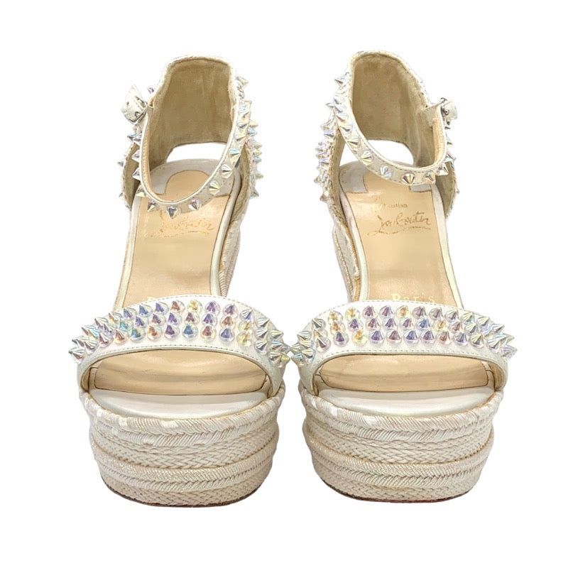 Christian Louboutin Mademonica Sandals Shoes Leather White Aurora Spikes Studs Wedge Sole