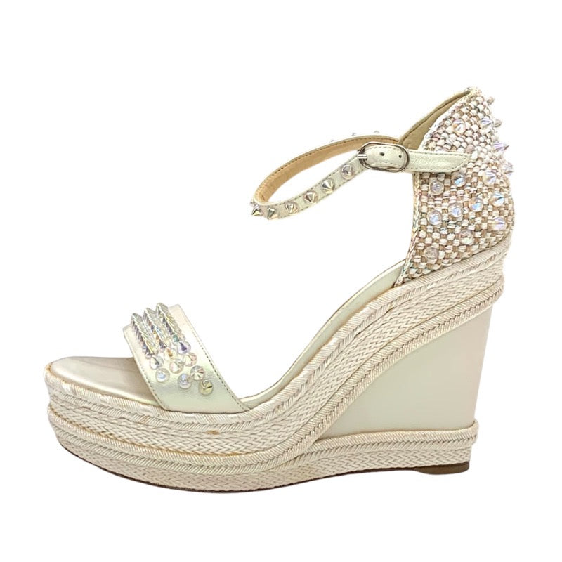 Christian Louboutin Mademonica Sandals Shoes Leather White Aurora Spikes Studs Wedge Sole