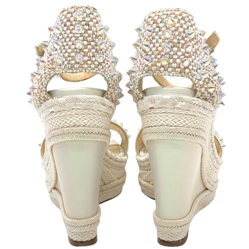 Christian Louboutin Mademonica Sandals Shoes Leather White Aurora Spikes Studs Wedge Sole