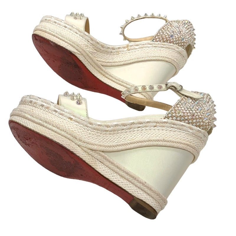 Christian Louboutin Mademonica Sandals Shoes Leather White Aurora Spikes Studs Wedge Sole