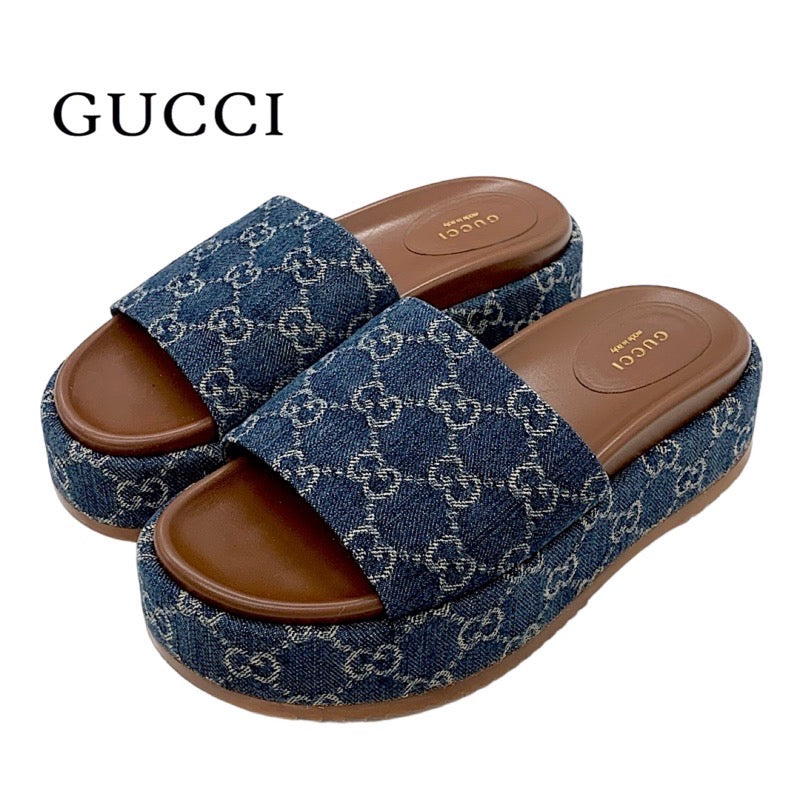 グッチ GUCCI サンダル 靴 シューズ デニム ブルー系 ブラウン GGロゴ プラットフォーム フラットサンダル ミュール