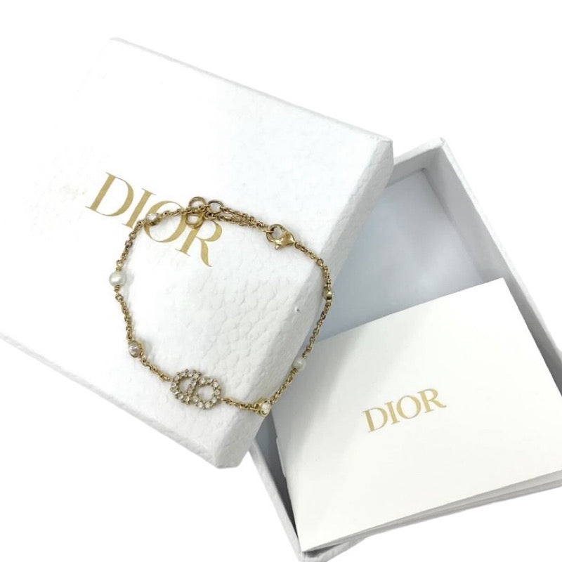 CHRISTIAN DIOR ClairDLune Bracelet Bangle Cuff Gold White CD Logo Rhinestone