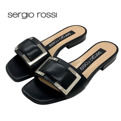 Sergio Rossi Sandals Shoes Leather Black Silver Flat Sandals Mules Buckle SR1